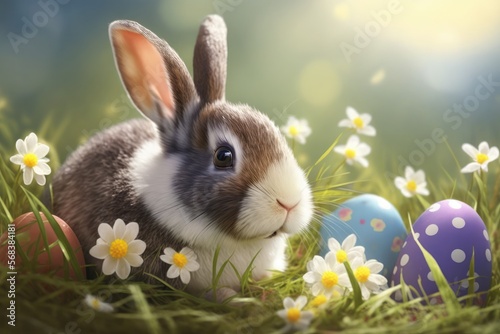 cute rabbit in the grass, Easter hollidays, flowers, grass, springtime, colored easter eggs, with Bokeh generated by AI © Hauber_Photography