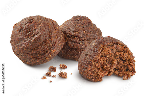 chocolate cookie with kerob, banana, cashew, sunflower seeds and coconut paste isolated on white background. Healthy food, gluten-free, flour-free © kolesnikovserg