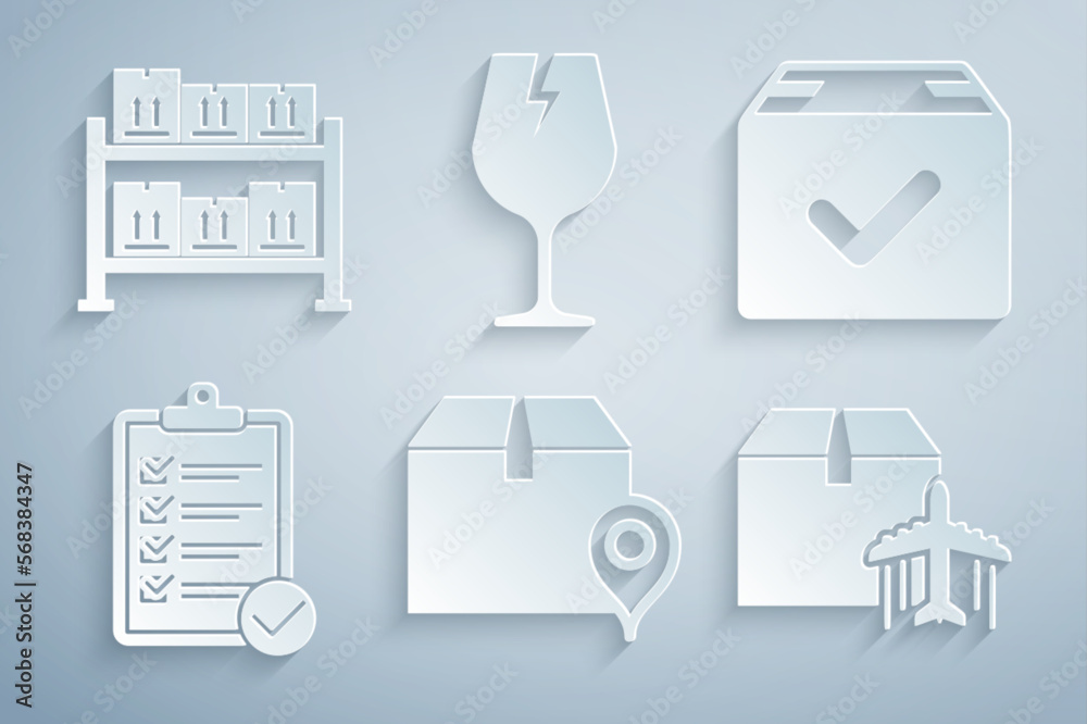 Set Location with cardboard box, Package check mark, Verification of delivery list, Plane and, Fragile broken glass and Warehouse icon. Vector Set Location with cardboard box, Package check mark, Verification of delivery list, Plane and, Fragile broken glass and Warehouse icon. Vector