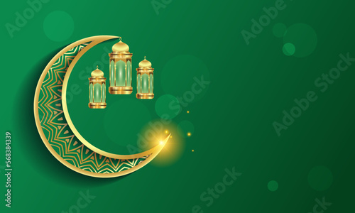 3d modern Islamic holiday banner in green monotone design. Display with Ramadan lantern, metal moon.