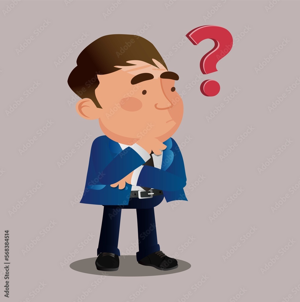 Question mark and manager. Pensive Business people. Businessman thinking Question mark and manager. Pensive Business people. Businessman thinking