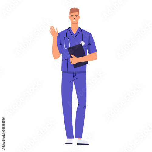 Young doctor waves his hand. Medical worker greets you. Male nurse with stethoscope and wearing scrubs. Character holding clipboard and isolated on white background. Flat style. Vector illustration.