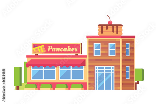 Fototapeta Naklejka Na Ścianę i Meble -  Vector pancakes cafe or restaurant building flat design illustration