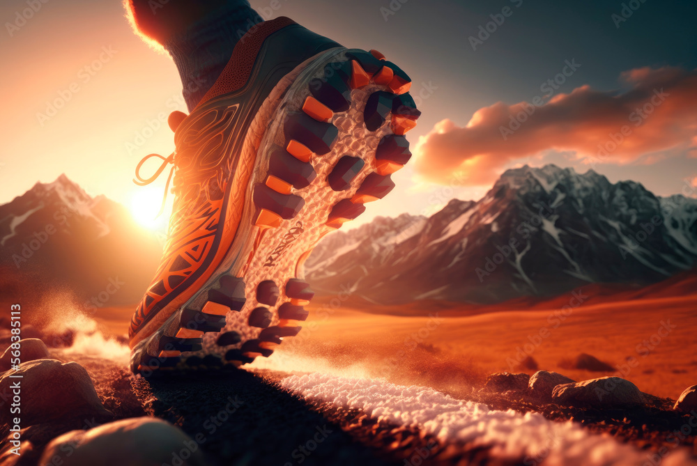 Close-up of the feet of a runner in running shoes starting the race in a natural setting with sunset light. Generative AI