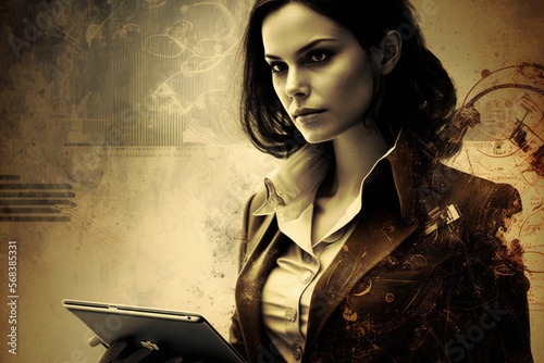 Business woman holding a tablet in abstract older style background. Generative AI