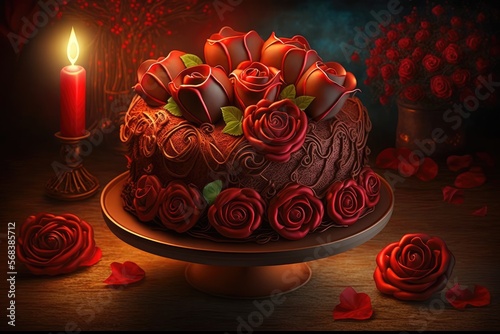 Cake of roses in lovely candle light. Valentines Day. Generative AI.