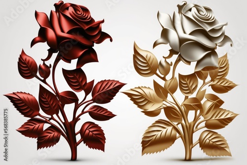Illustration of a red and golden rose on white background. Generative AI.