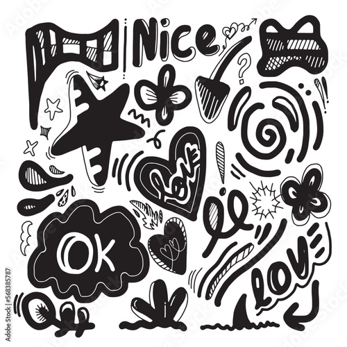 Hand drawn doodle design elements. cloud, Arrow, heart, leaves, star and other,