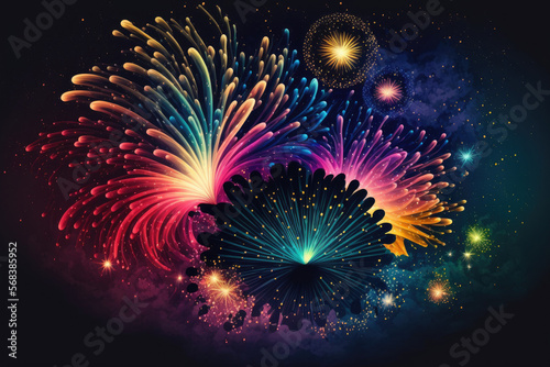 Backgrounds for holiday fireworks show comets  colored stars  and bright nebula on a black night sky. Incredible  colorful fireworks display during celebration. vacation backgrounds. Generative AI