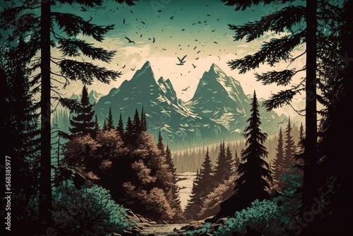 Sunset in forest with mountains and flock of birds in background. Illustration. Generative AI