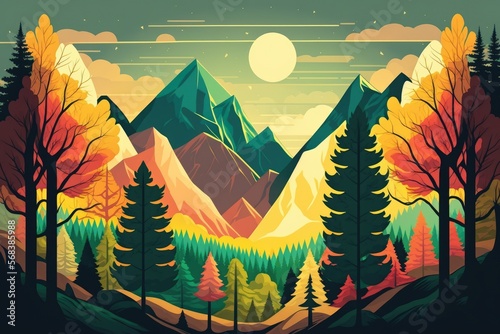 Landscape illustration with mountains and trees with big sun in autumn colors. Generative AI
