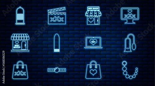 Set line Anal beads, Penis pump, Sex shop building, Dildo vibrator, Condom safe sex, Laptop with 18 plus content and Movie clapper icon. Vector