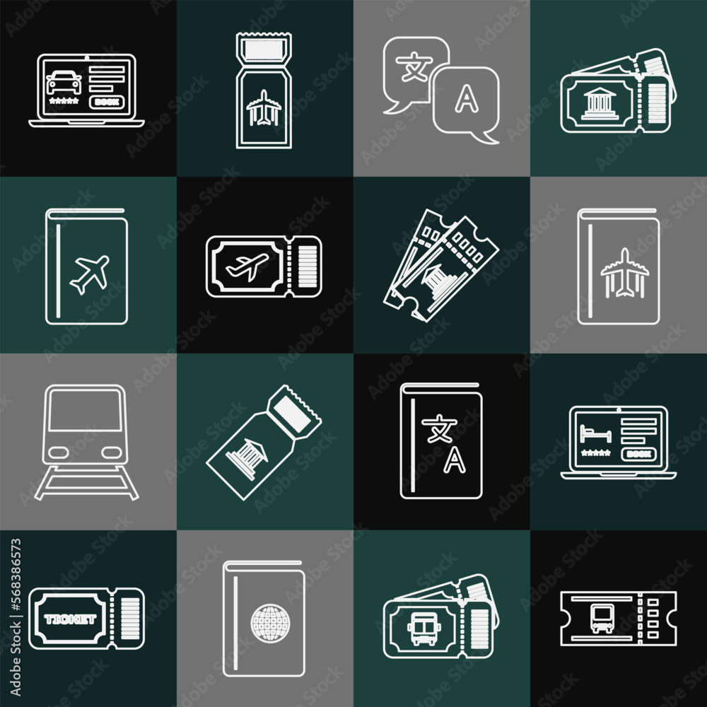Set line Bus ticket, Online hotel booking, Cover travel guide, Translator, Airline, car sharing and Museum icon. Vector Set line Bus ticket, Online hotel booking, Cover travel guide, Translator, Airline, car sharing and Museum icon. Vector