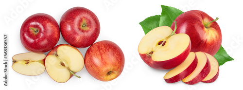 Red apple with half isolated on white background with full depth of field. Top view. Flat lay.