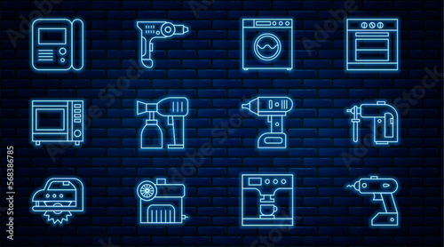 Set line Electric cordless screwdriver, Rotary hammer drill machine, Washer, Paint spray gun, Microwave oven, House intercom system, and icon. Vector