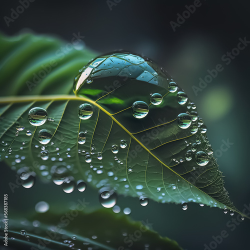 Macro Photograph of Water Drop on Green Leaf with Generative AI