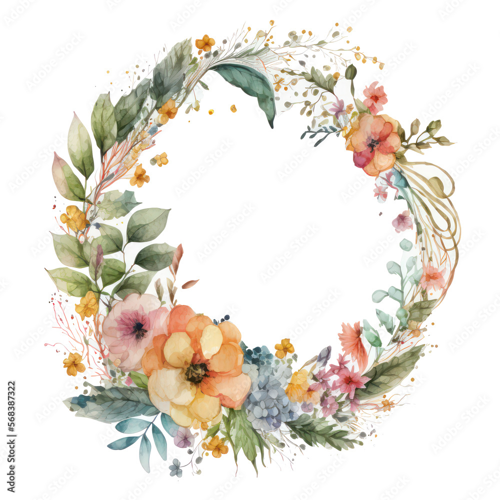 Watercolor of flowers wreath. Circle of mixed flower wreath ...