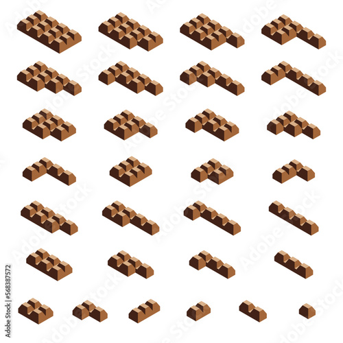 Set of square chocolate bar blocks and pieces on white background. Isometric vector illustration chunks of chocolate snacks