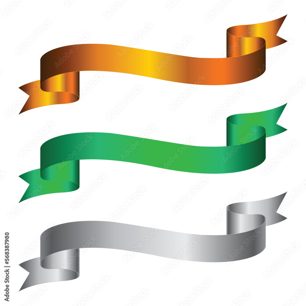 Elegant Silver, Green and Gold Ribbon Banner Vector Illustration.