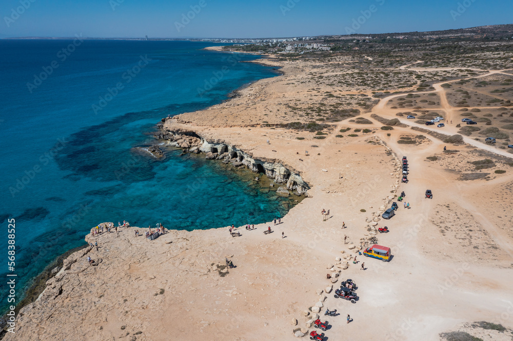 Aerial view of famous Sea Caves in Cape Greco National Forest Park in Cyprus