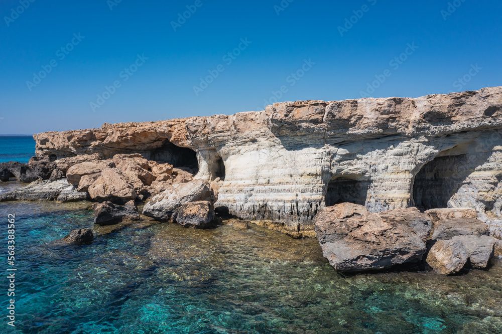Aerial view of famous Sea Caves in Cape Greco National Forest Park in Cyprus