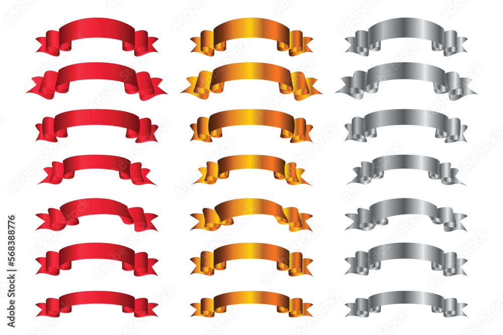 Red, Gold and Silver Ribbon Banner Set Vector Illustration.