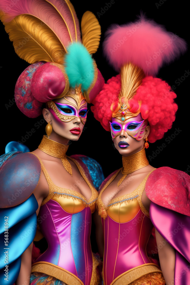 Fototapeta premium men in bright fantasy costumes for a magical glamorous carnival. Drag queens in glamorous dresses and carnival masks for masquerade party. Generative ai