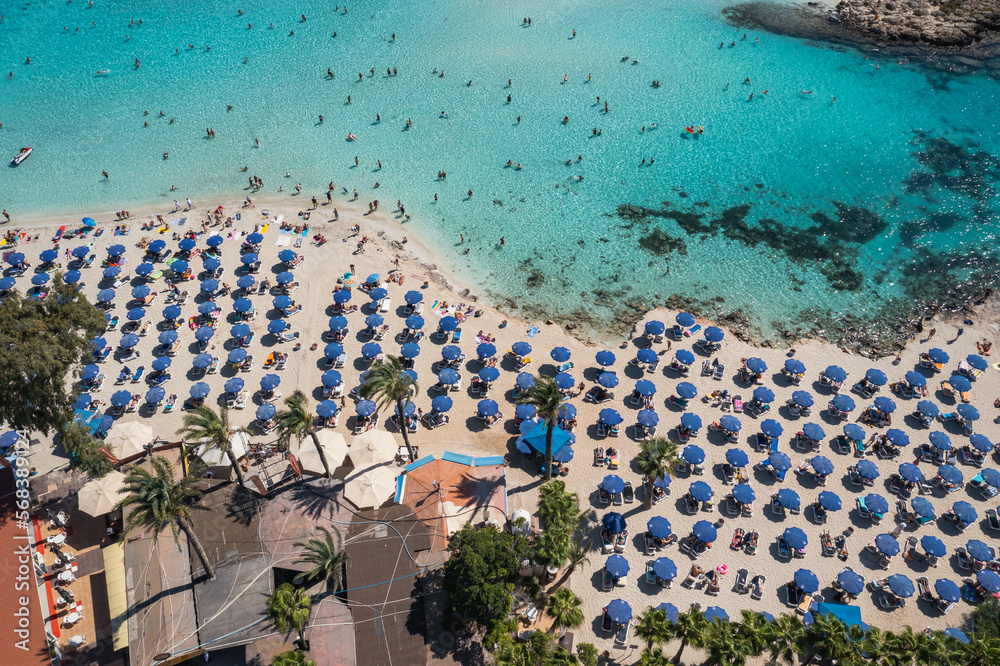 High angle view of Nissi beach in Ajia Napa resort in Cyprus island country