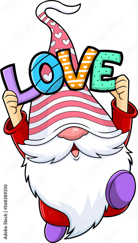 Cute Gnome Lover Cartoon Character Running With Text Love. Vector Hand Drawn Illustration Isolated On Transparent Background