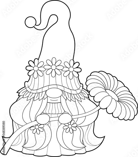 Outlined Cute Female Gnome Cartoon Character Holding A Flower. Vector Hand Drawn Illustration Isolated On Transparent Background