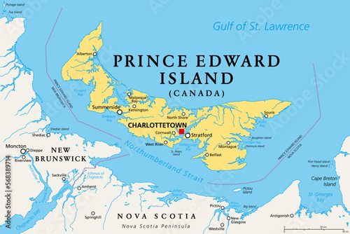 Prince Edward Island, Maritime and Atlantic province of Canada, political map. The Island, located in the Gulf of St. Lawrence, bordered to New Brunswick and Nova Scotia, with capital Charlottetown. photo