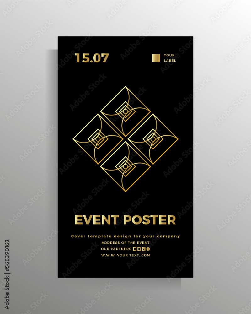 Cover for banner, flyer, poster, brochure, booklet, book. Vector geometric design template. Color black with gold. The format is elongated vertical. Cover for banner, flyer, poster, brochure, booklet, book. Vector geometric design template. Color black with gold. The format is elongated vertical.