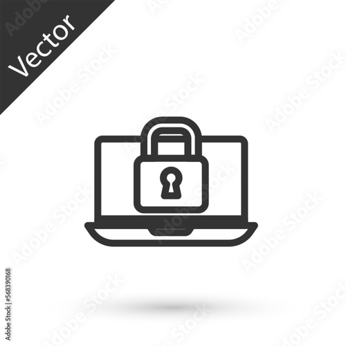 Grey line Laptop and lock icon isolated on white background. Computer and padlock. Security, safety, protection concept. Safe internetwork. Vector