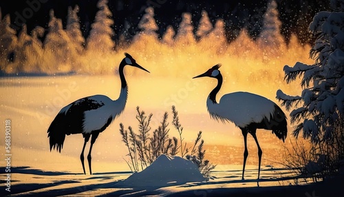 A pair of red-crowned cranes on a sunset, Silhouette. Generative AI