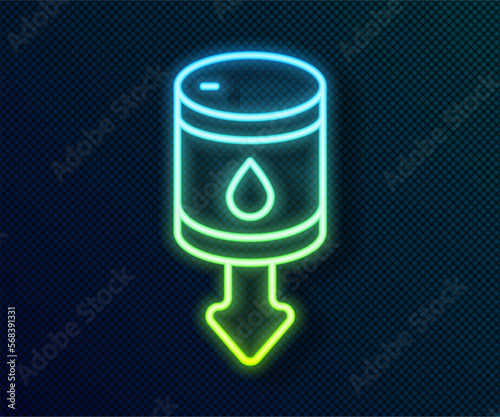 Glowing neon line Drop in crude oil price icon isolated on black background. Oil industry crisis concept. Vector