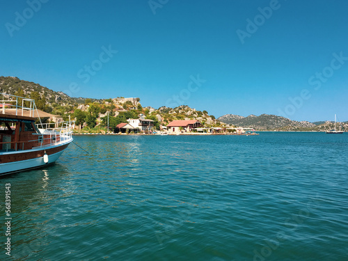 View of Kayakoy Kekova Simena village. Sunken city of Kekova in bay of Ucagiz view from sea in Antalya province of Turkey 