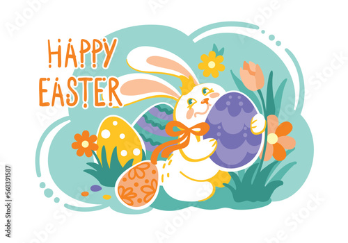 Cute bunny hunt of chocolate eggs. Easter holidays, traditional games. Greeting card. Vector illustration.