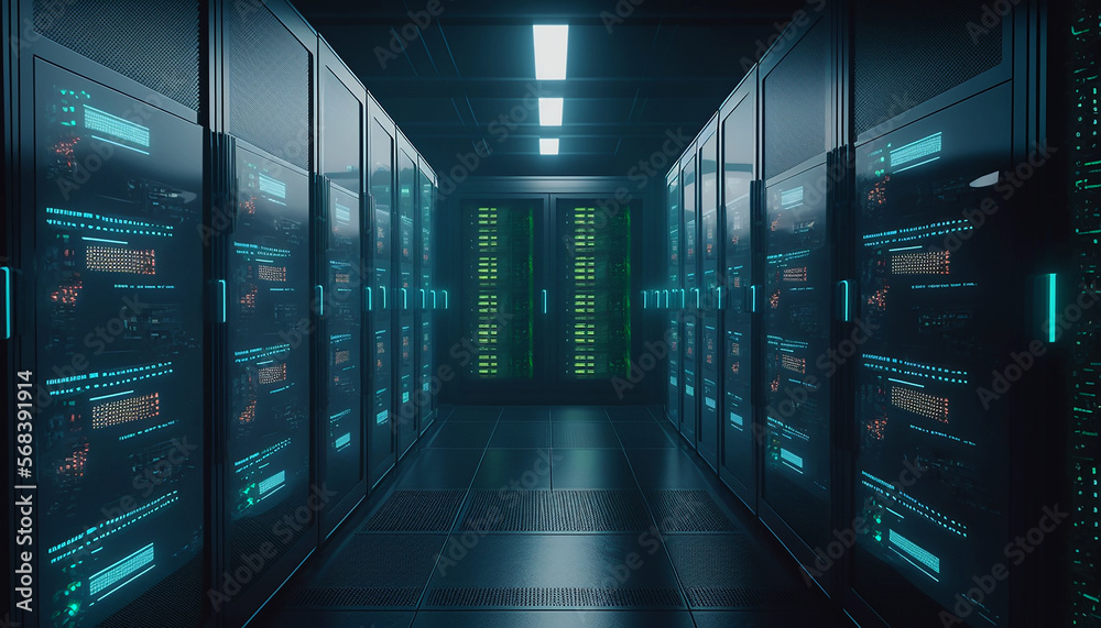 Working Data Center Full of Rack Servers and Supercomputers, Modern ...