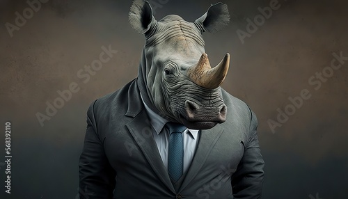 Portrait of a White Rhinoceros in a business suit ready for action.