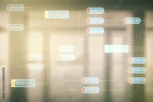 Double exposure of abstract creative programming illustration on empty room interior background, big data and blockchain concept