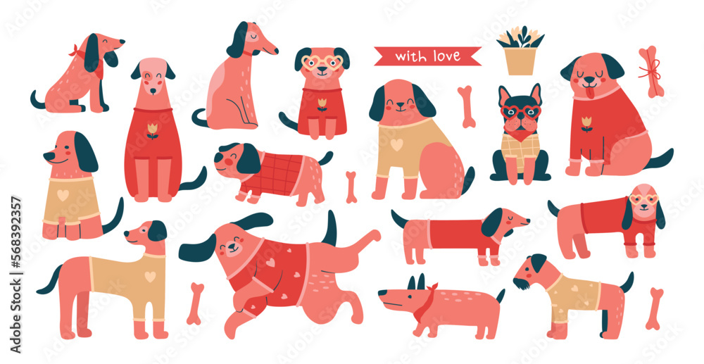 Fototapeta premium Big collection illustrations of cute pink dogs in sweaters. Set of different flat cartoon characters of dogs and puppies. Vector isolated prints for card, merch, stickers, banners and backgrounds.