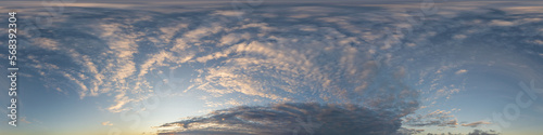 Dark blue twilight sky panorama with Cirrus clouds. Seamless hdr 360 panorama in spherical equiangular format. Full zenith or sky dome for 3D visualization, sky replacement for aerial drone panoramas © svetograph