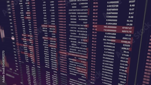 Stock market chart on a giant black screen. Red and green orders, prices on a trade exchange, quick travelling.	