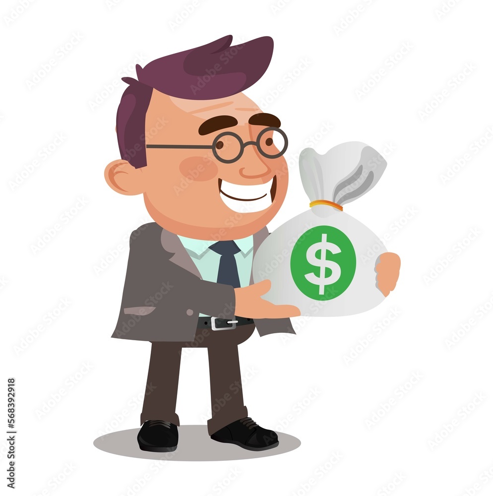 Happy rich businessman character hold fan of money 