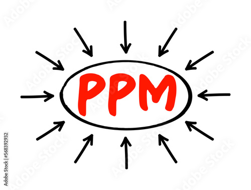 PPM Parts Per Million - number of units of mass of a contaminant per million units of total mass, acronym text concept with arrows
