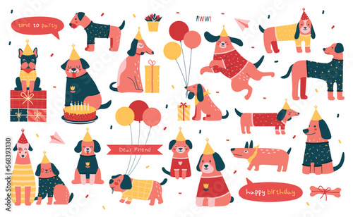 Collection birthday cute illustrations with different happy dog characters, puppies, with baloons, gift, party hat, confetti, label. Set of children flat elements for greeting card, party invitation.