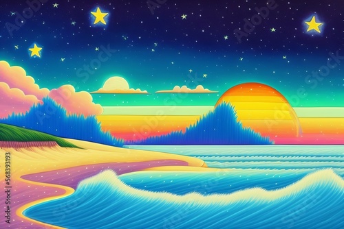  a drawing of a dreamlike landscape of an ocean, and stars in a night sky, in the style of adventure time. Generative Ai concept