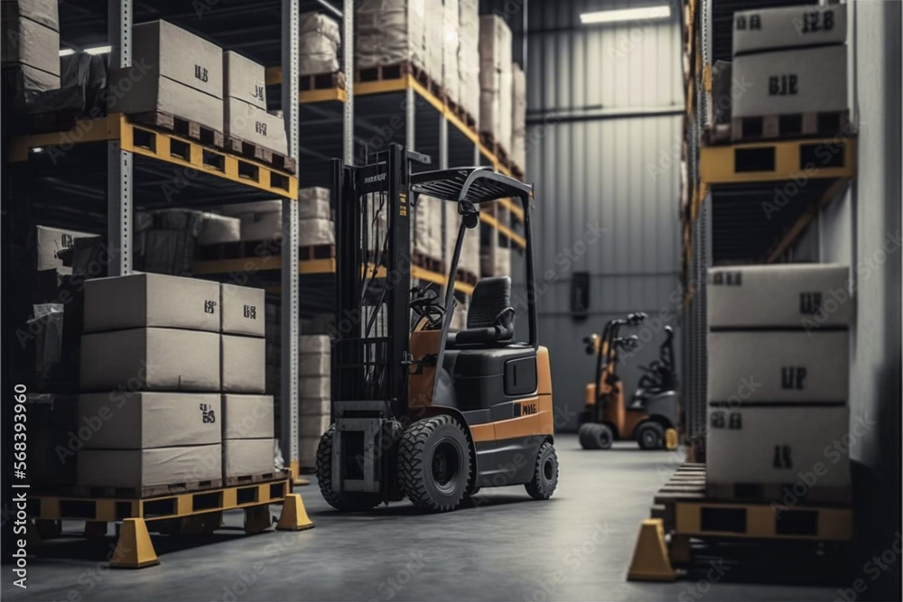 Forklift for moving items and boxes in a product warehouse, sorting and delivery technology machines. Generative AI