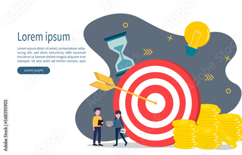 Business goals. There is a bullseye with an arrow in the middle of the bullseye. Represents a successful goal. Two businessmen consulting for company profit. Vector illustration eps10.