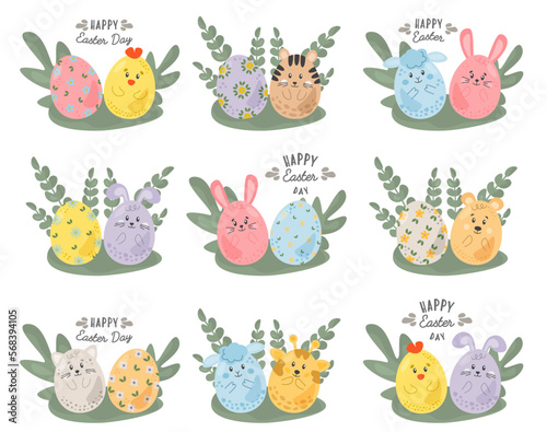 Happy Easter. Cute compositions with eggs, bunnies, rabbits, flowers for decoration design, spring and easter greeting cards and invitations. Easter lettering and hand drawn elements.